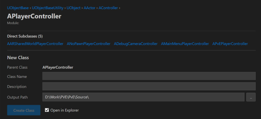 Class detail panel showing ancestry and subclasses