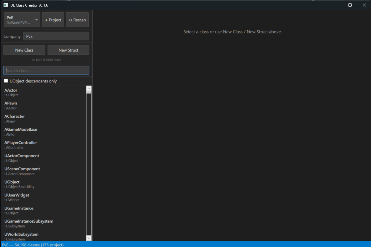 Main window showing search panel and class detail